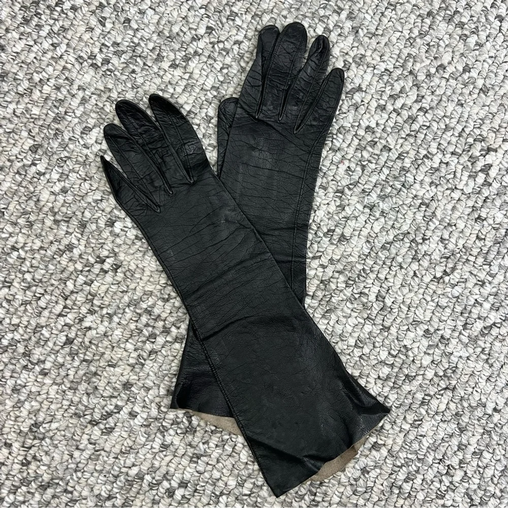 Vintage Made in France kid leather long black 13 inch gloves 6